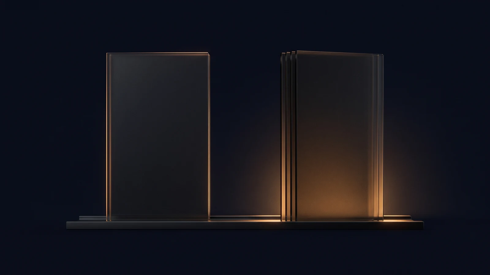 One thin blank dark upright slab standing alone on a long low rail in a deep blue void beside a block of the same height built from four identical blank slabs stacked face to face, the stacked block washed warm amber from a light source low in the rail