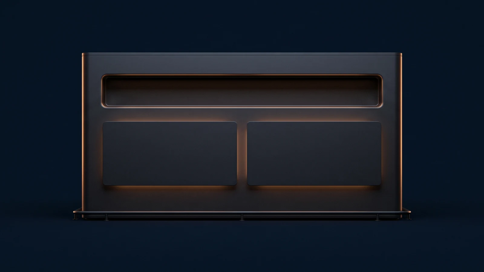 A broad dark blank kiosk housing in a deep blue void with one wide empty horizontal channel across its upper half and two plain blank landscape plates below it washed warm amber from within the housing