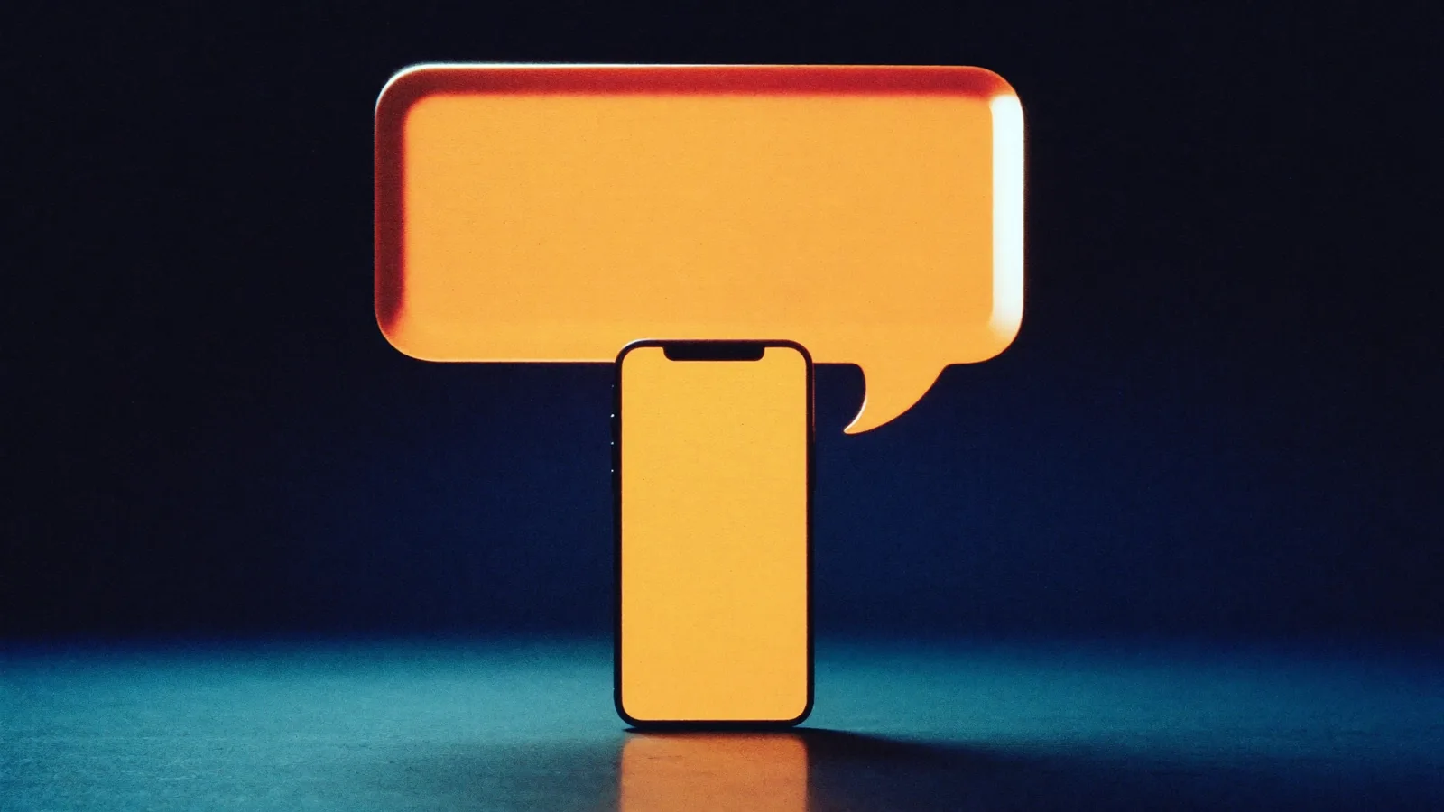 A smartphone standing upright with a glowing screen and a large warm amber chat bubble rising above it in a dark blue space
