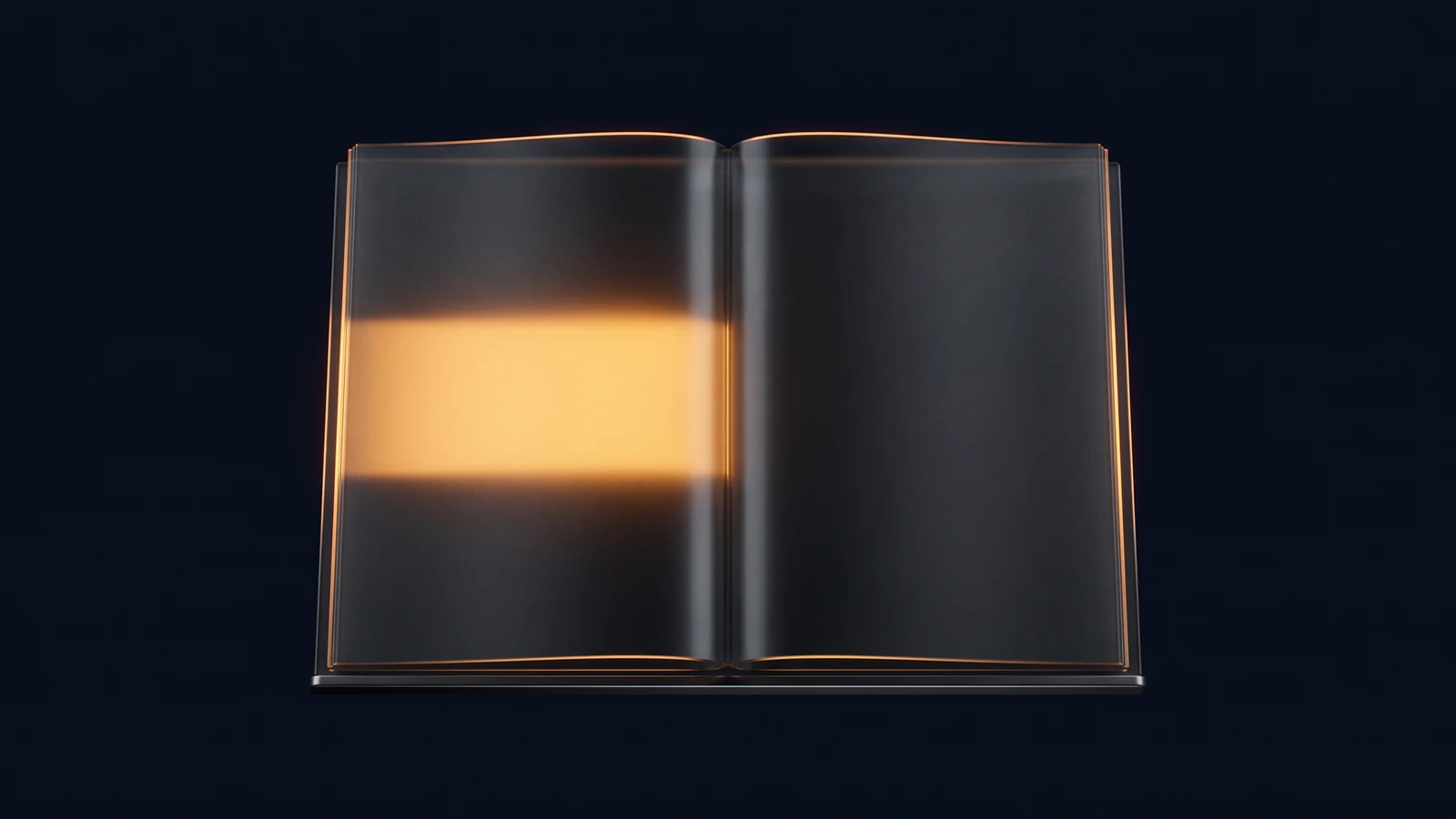 A blank dark booklet lying open dead-on in a deep blue void, both facing pages blank, one wide horizontal band across the middle of the left page glowing warm amber from within