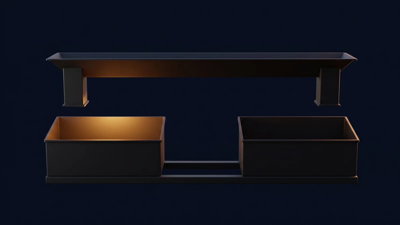 A wide dark blank feed tray in a deep blue void with two short square ducts dropping from its ends into two separate wide low bins, the left bin washed warm amber from inside and the right bin empty and dark