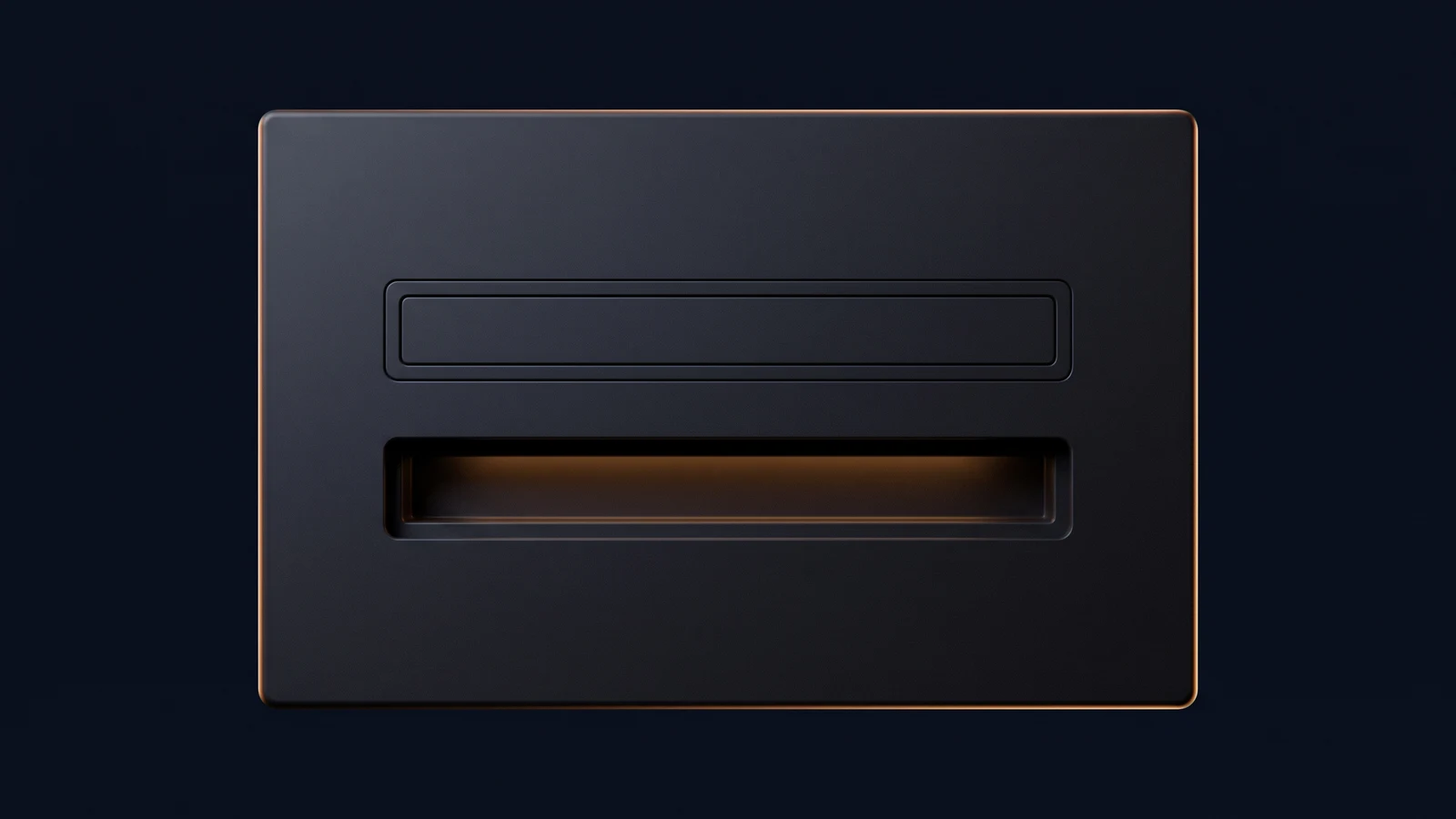 A broad dark blank wall panel in a deep blue void carrying two wide horizontal slots, the upper slot sealed flush by a plain dark cover plate and the lower slot standing open with warm amber light inside it