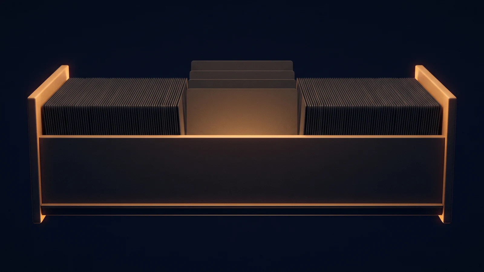 A broad dark blank card file box in a deep blue void packed edge-on with many identical blank filing cards sitting low and dark, five square-topped cards near the center standing proud of the pack and washed warm amber from inside the box
