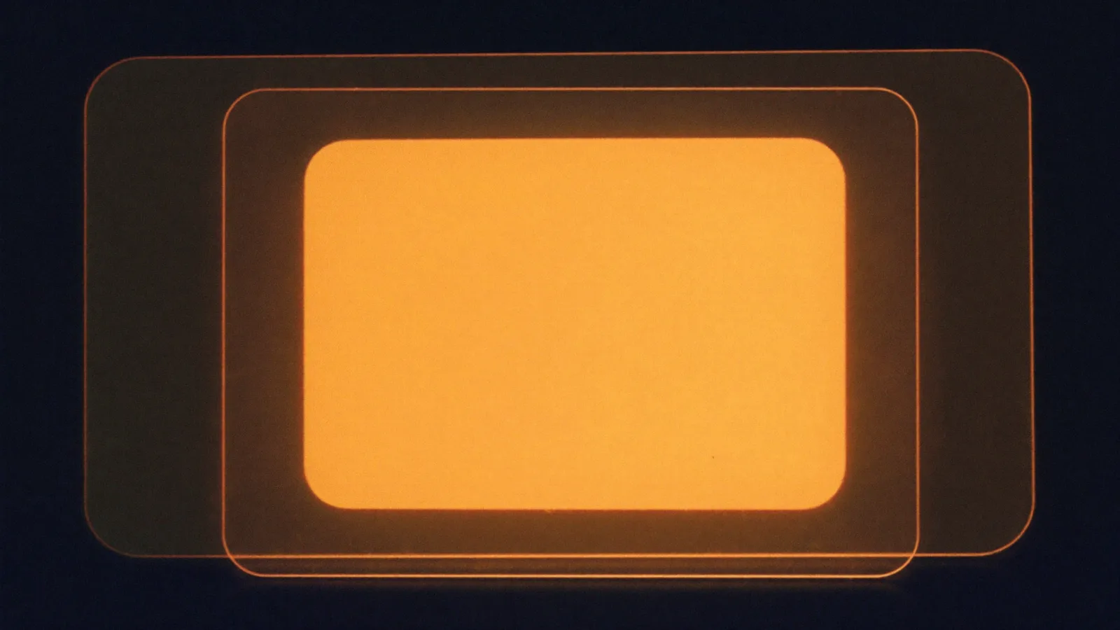 A stack of overlapping browser windows of dark glass, the front one glowing warm amber from within against a deep blue void