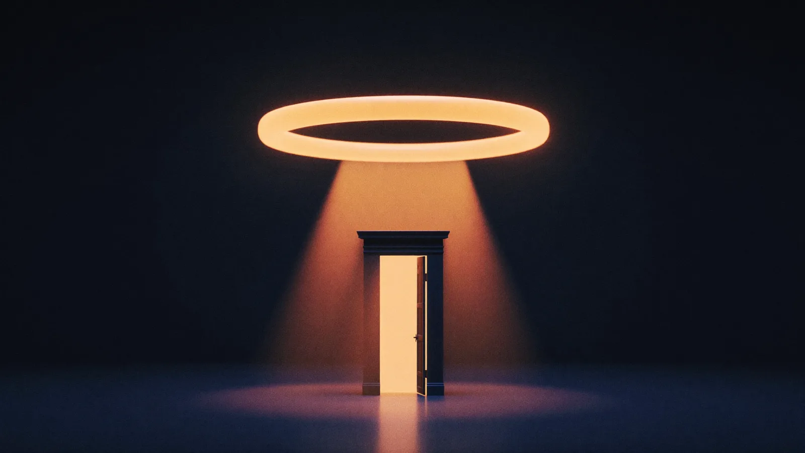 A glowing amber halo ring floating in a dark blue space, casting warm light down onto a small illuminated doorway