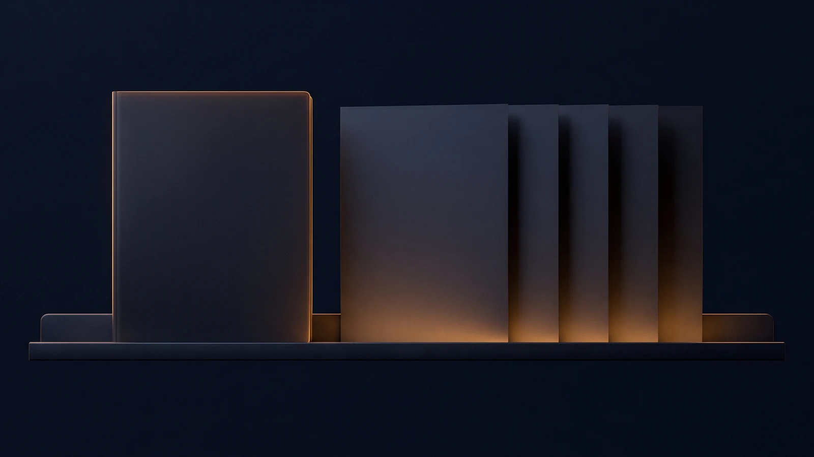 One long dark rail in a deep blue void carrying a single thick closed blank folder standing upright at the left and, well apart from it, a run of six thin blank page panels standing separately and washed warm amber from beneath